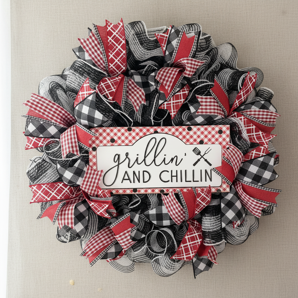 Handmade black, white, and red mesh wreath