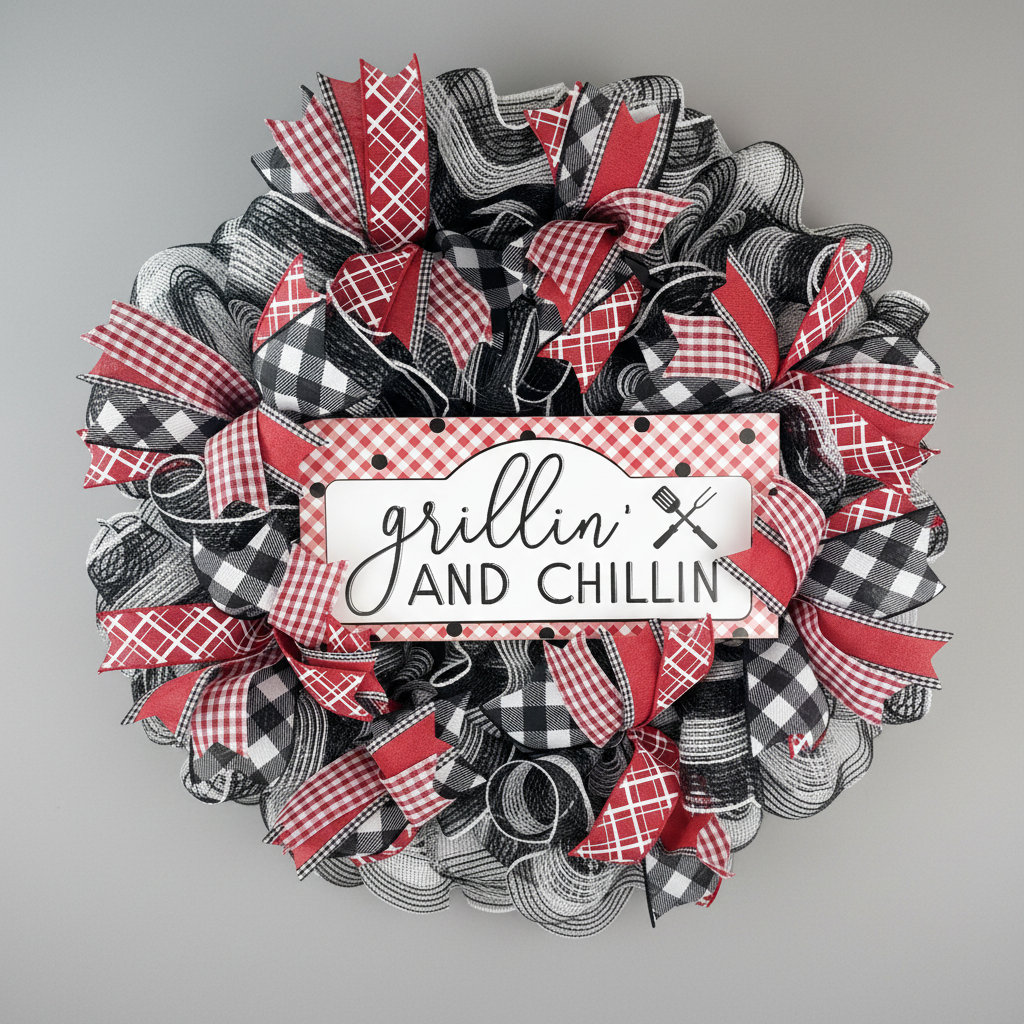 Handmade black, white, and red mesh wreath