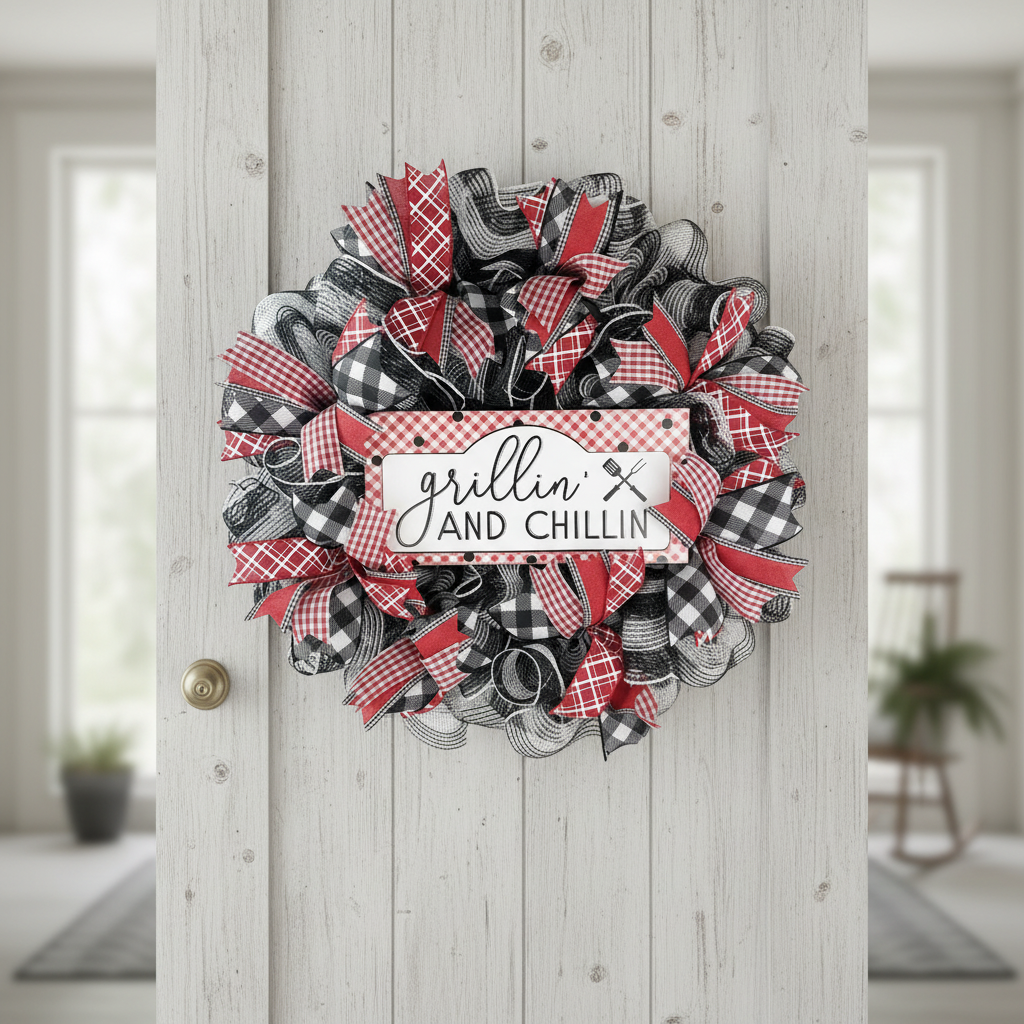 Handmade Grillin' and Chillin' BBQ mesh wreath with buffalo plaid ribbon