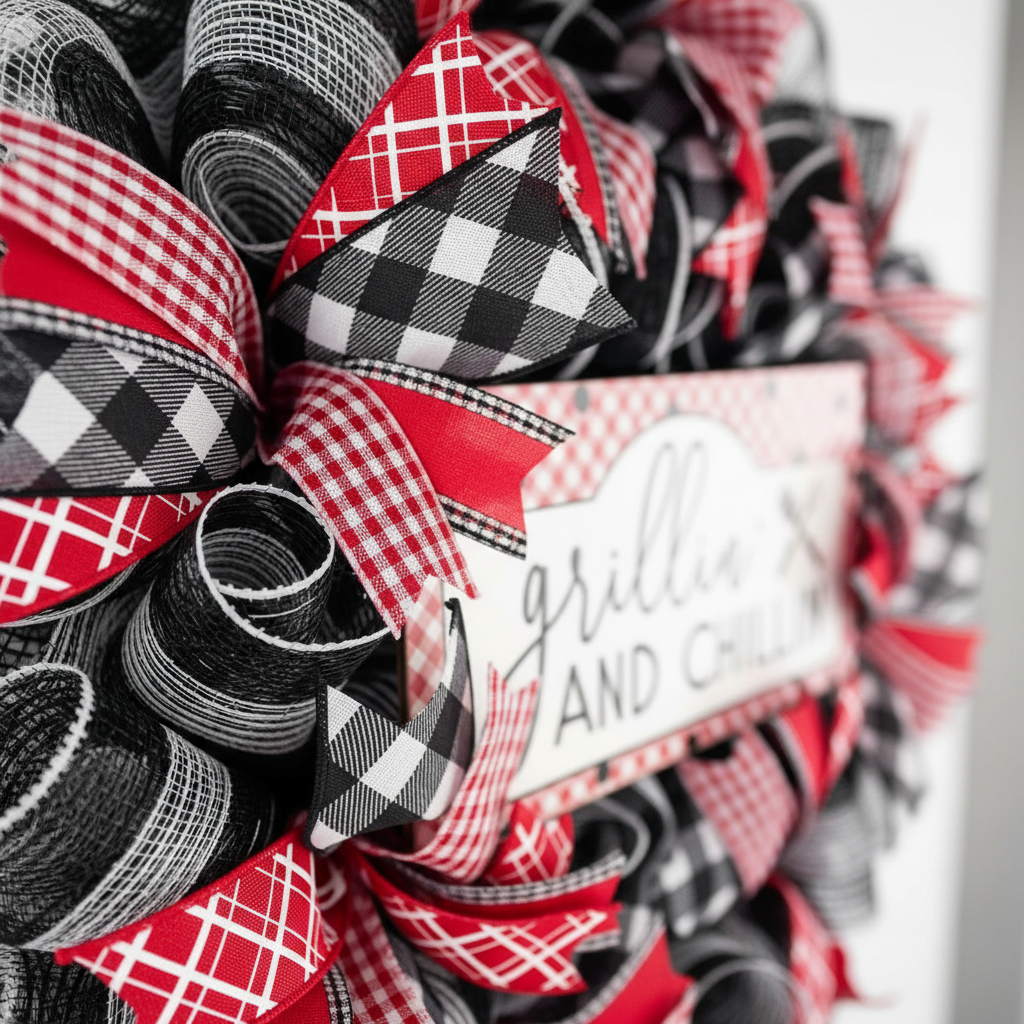 Buffalo plaid ribbon detail on handmade wreath