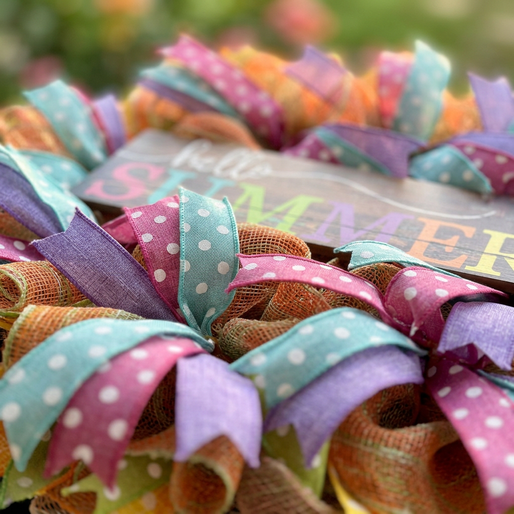 Handmade Hello Summer mesh wreath showing ribbon detail