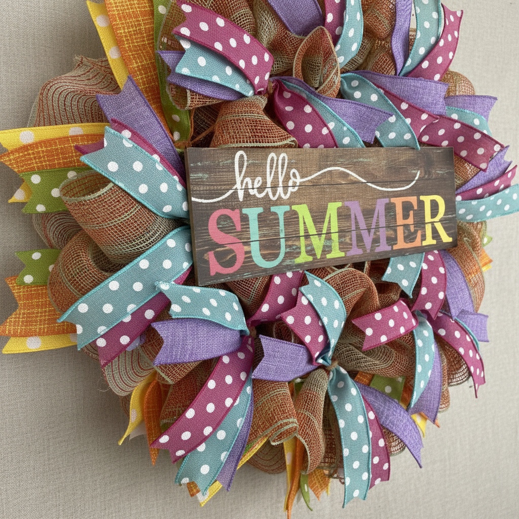 Detailed close-up of Hello Summer wood sign and ribbon accents