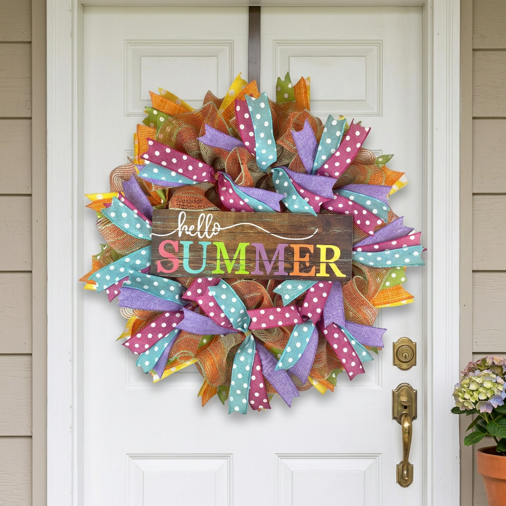 Hello Summer wreath displayed on a white front door