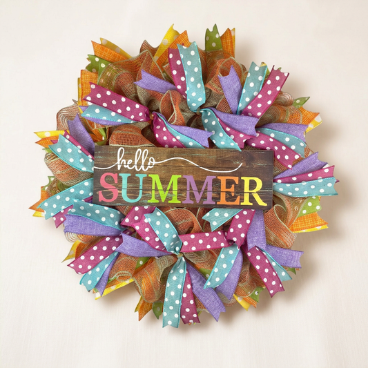 Hello Summer handmade mesh wreath with colorful ribbons isolated on white background