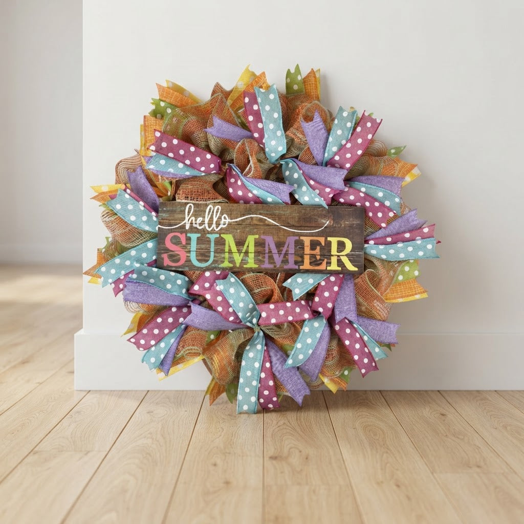 Hello Summer wreath displayed indoors against a neutral wall