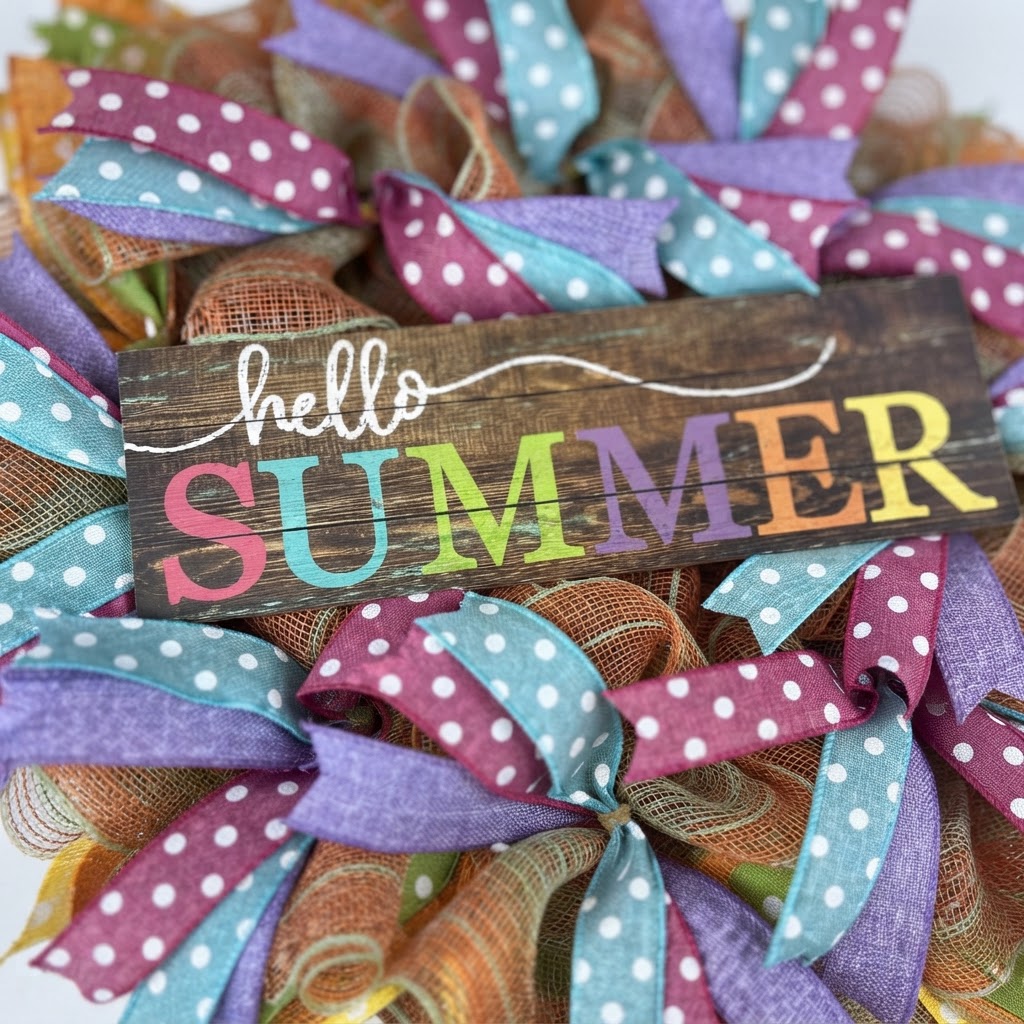 Close-up of colorful Hello Summer wreath with rustic wood sign