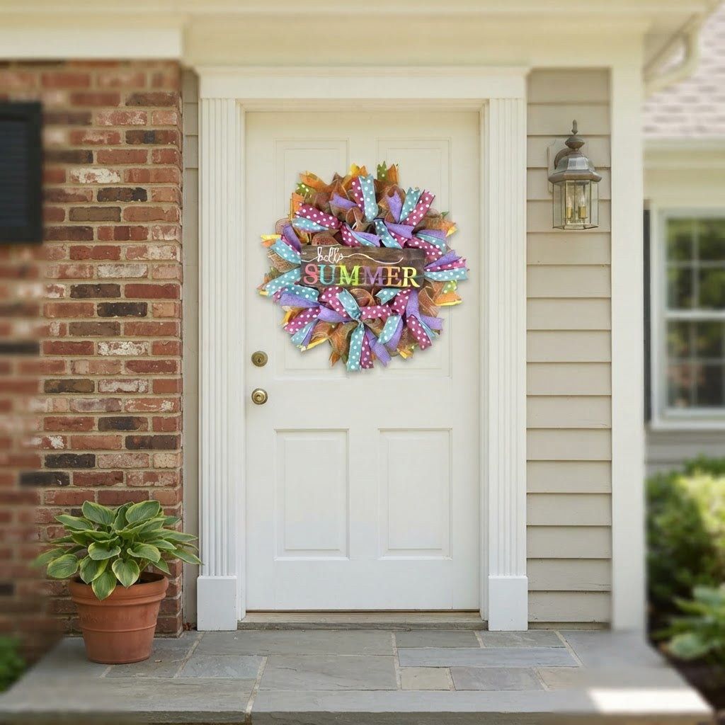 Hello Summer wreath hanging on a farmhouse style front door