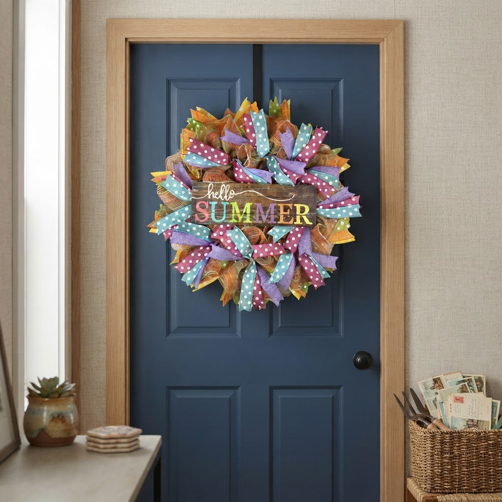 Rustic Hello Summer wreath hanging on a blue front door
