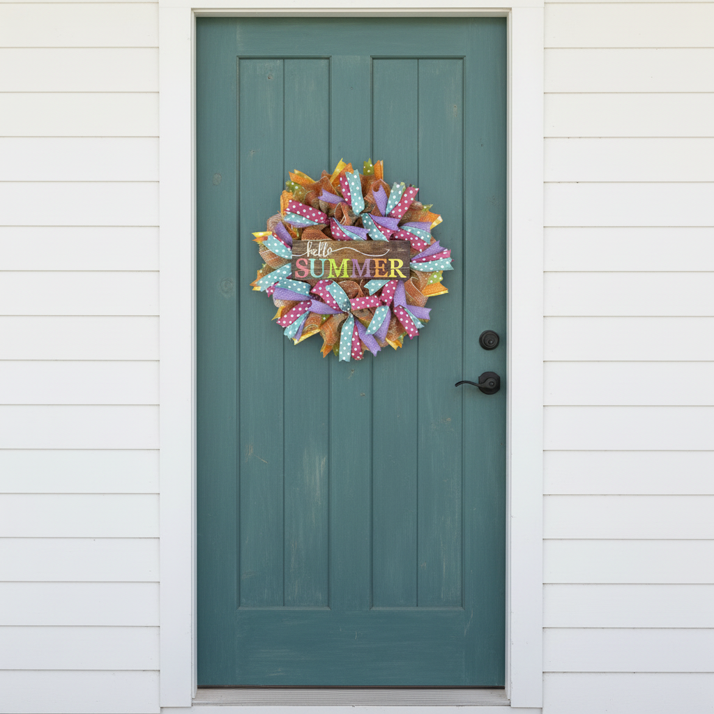 Colorful summer wreath displayed on a teal front door