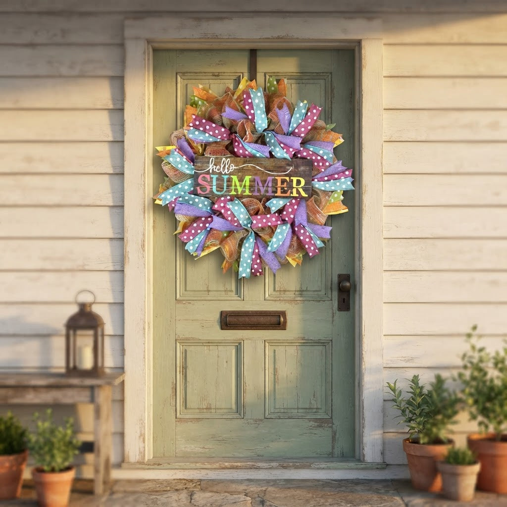 Hello Summer wreath hanging on a farmhouse style front door
