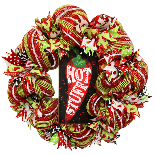Chili pepper wreath with red and lime green deco mesh and chili pepper ribbons