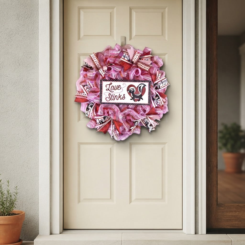 Love Stinks Valentine's Day mesh wreath displayed on a white front door.