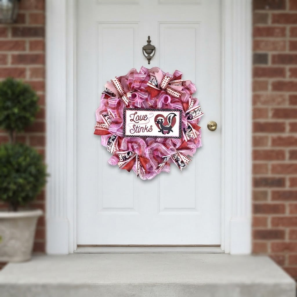 Love Stinks Valentine's Day mesh wreath displayed on a white front door.