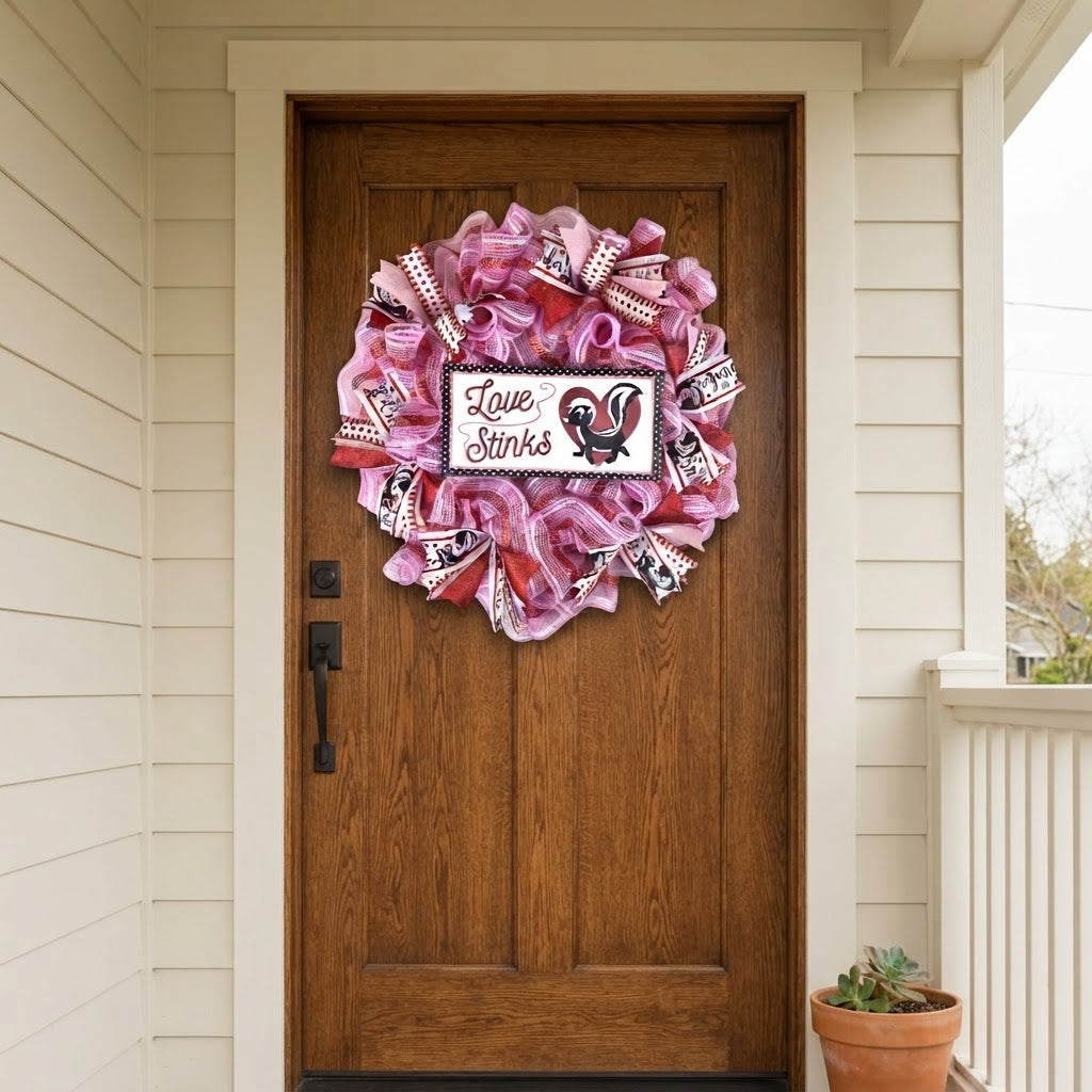 Love Stinks Valentine's Day mesh wreath hanging on a wooden front door.