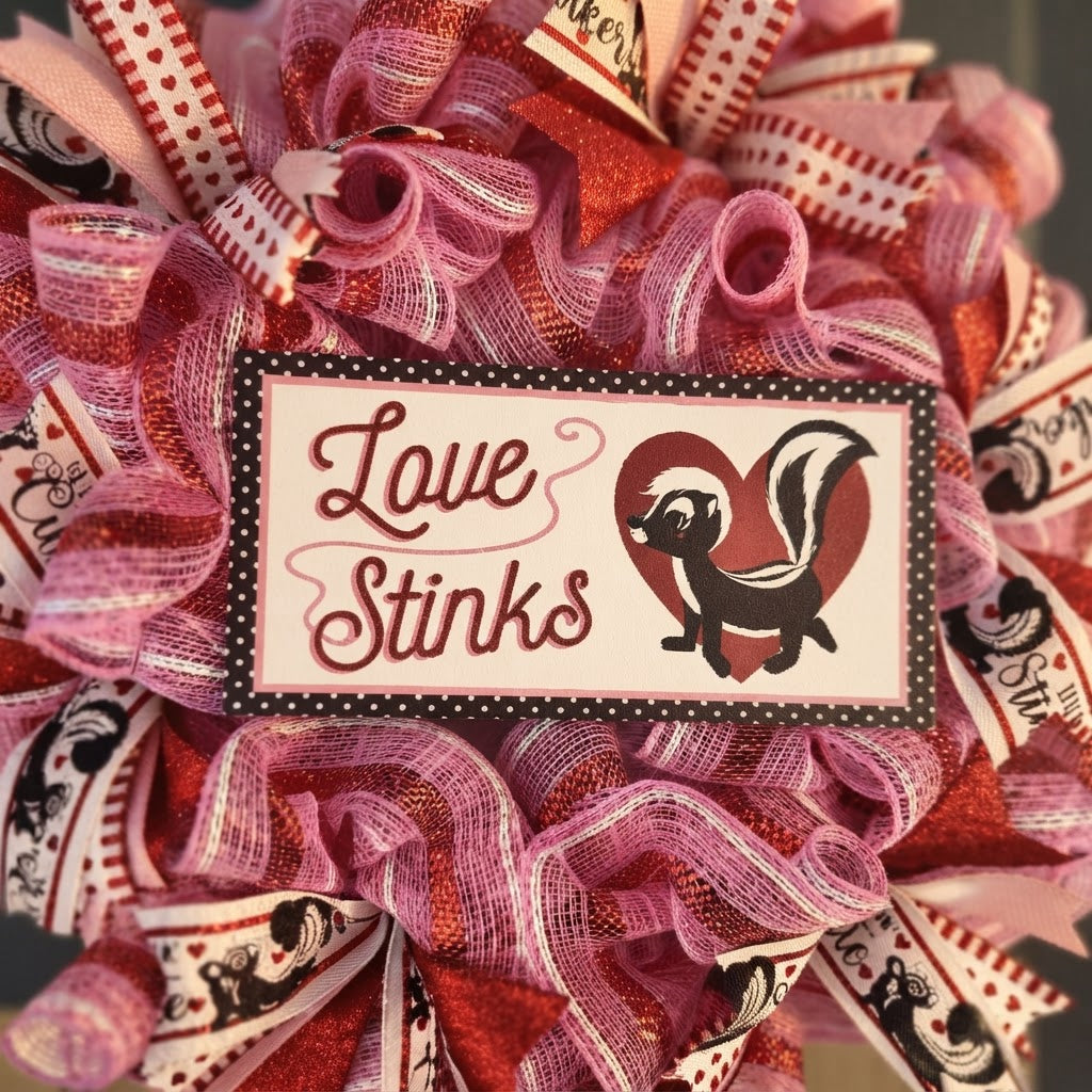 Close-up of the Love Stinks skunk sign on the handmade Valentine's wreath.