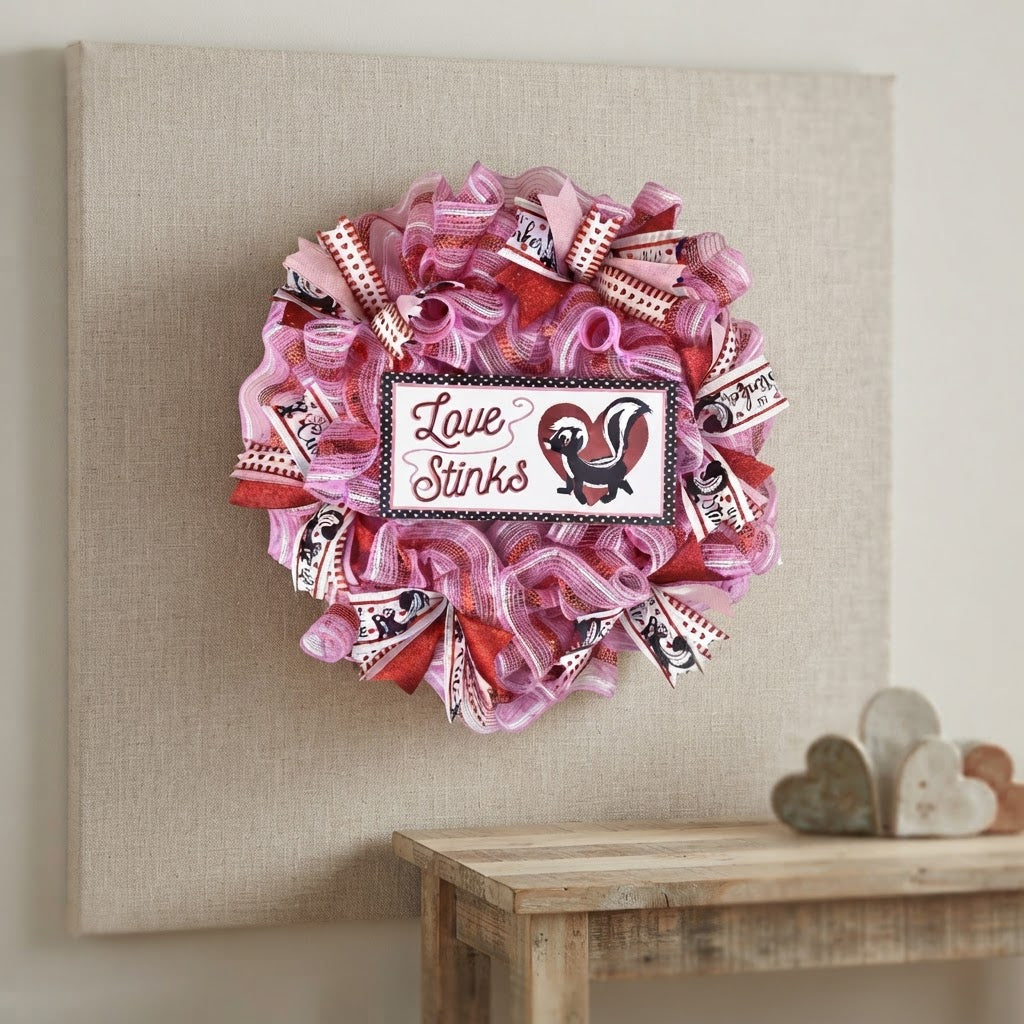 Love Stinks Valentine's Day wreath displayed as wall décor in a home.