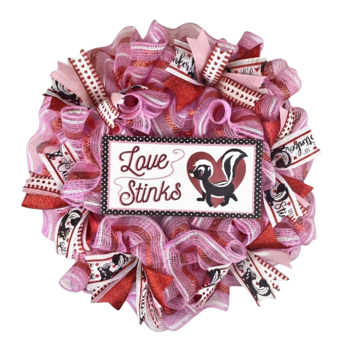 Love Stinks Valentine's Day mesh wreath with pink and red ribbon on white background.