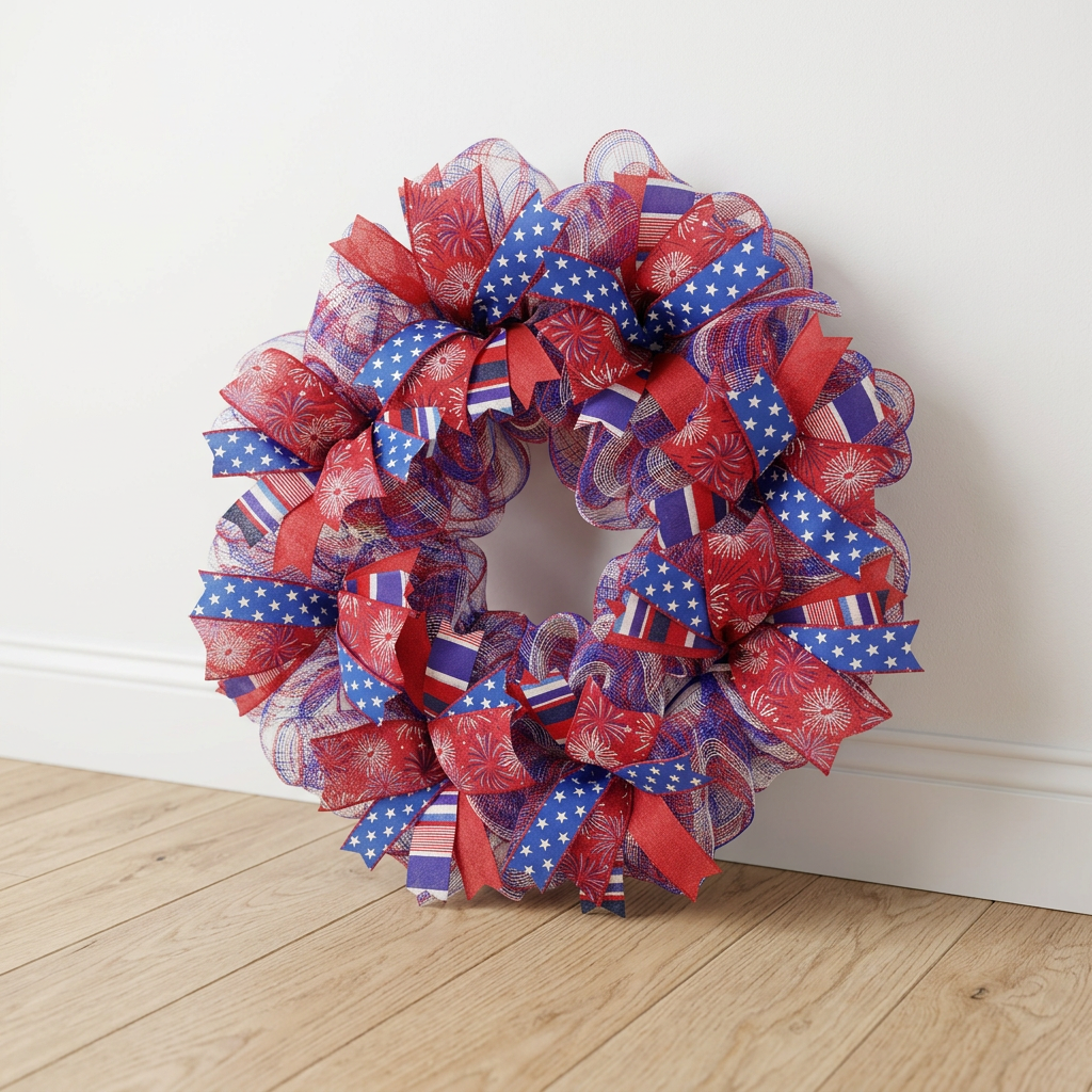 Front view of handmade patriotic ribbon wreath