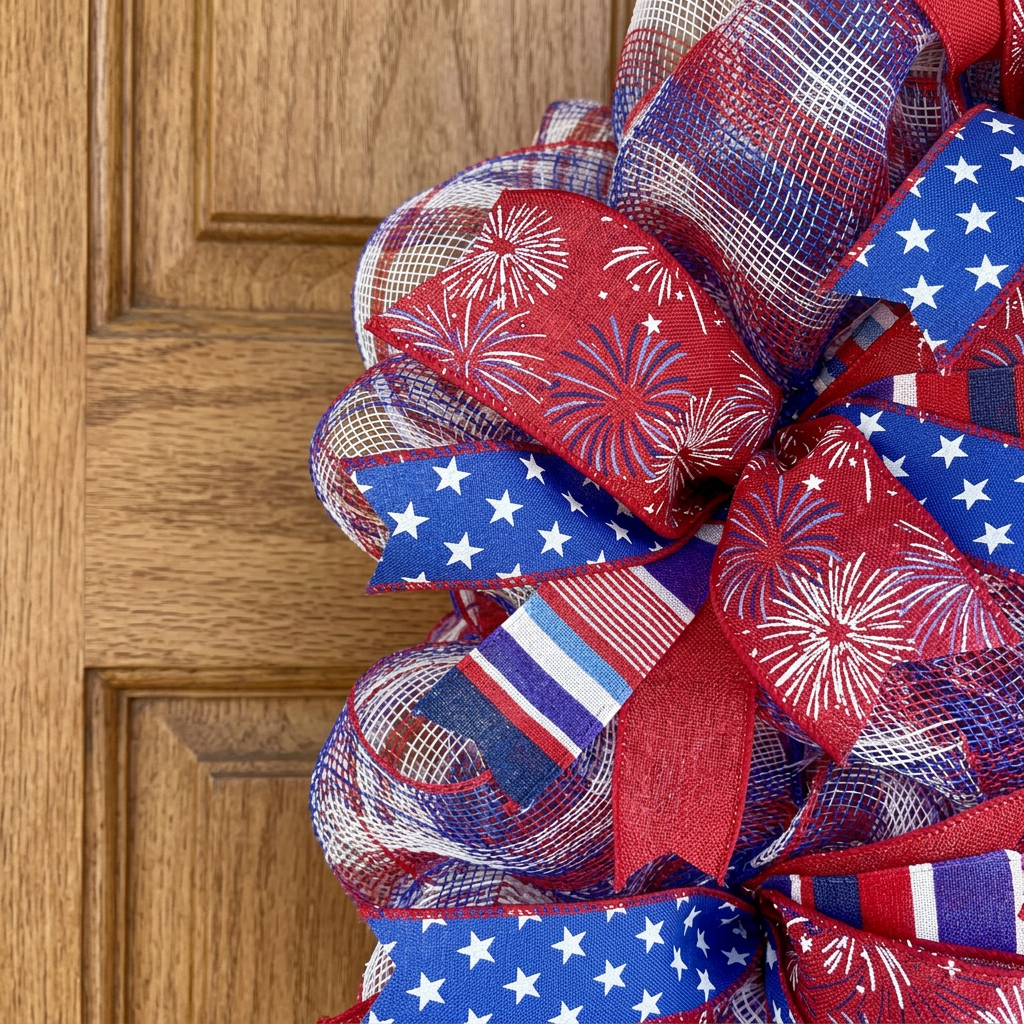Detail of patriotic ribbon loops on handmade red, white and blue wreath