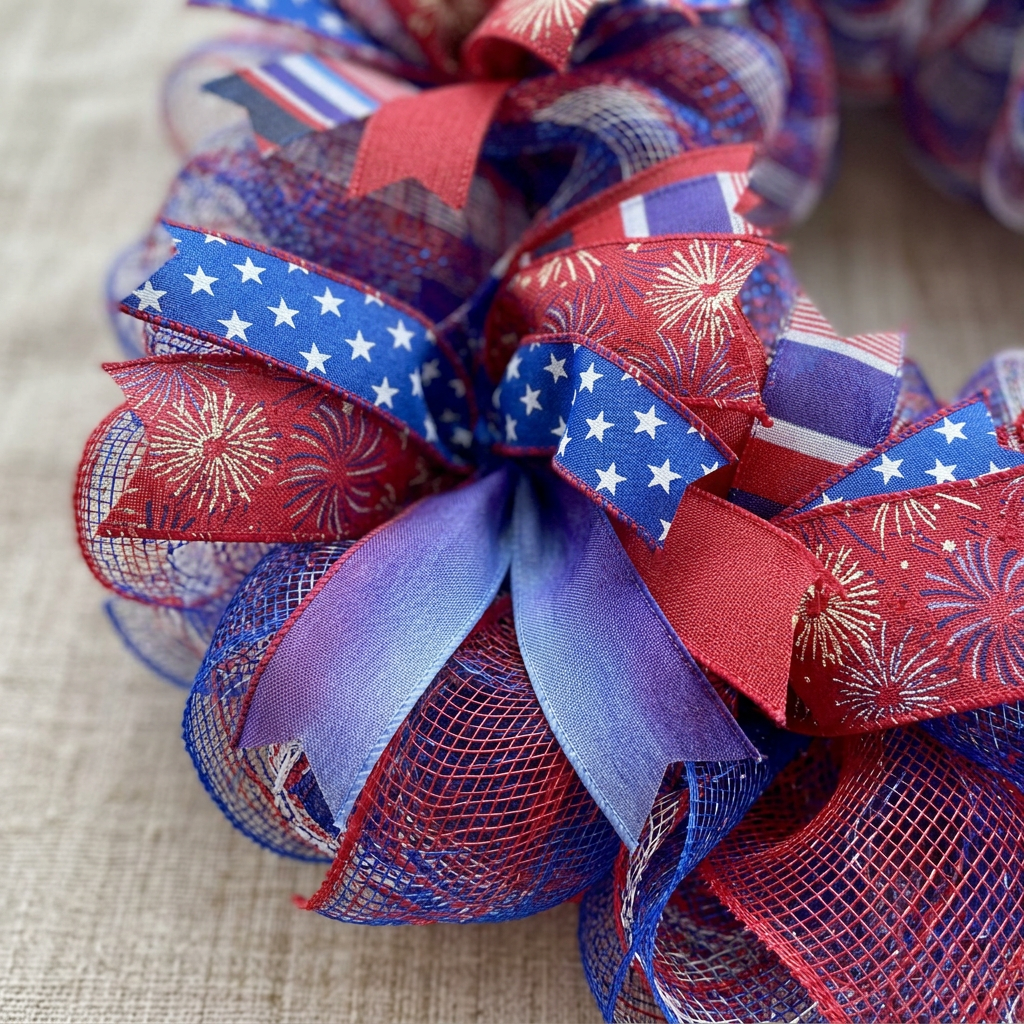 Close-up of red, white and blue wired ribbon on handmade patriotic ribbon wreath