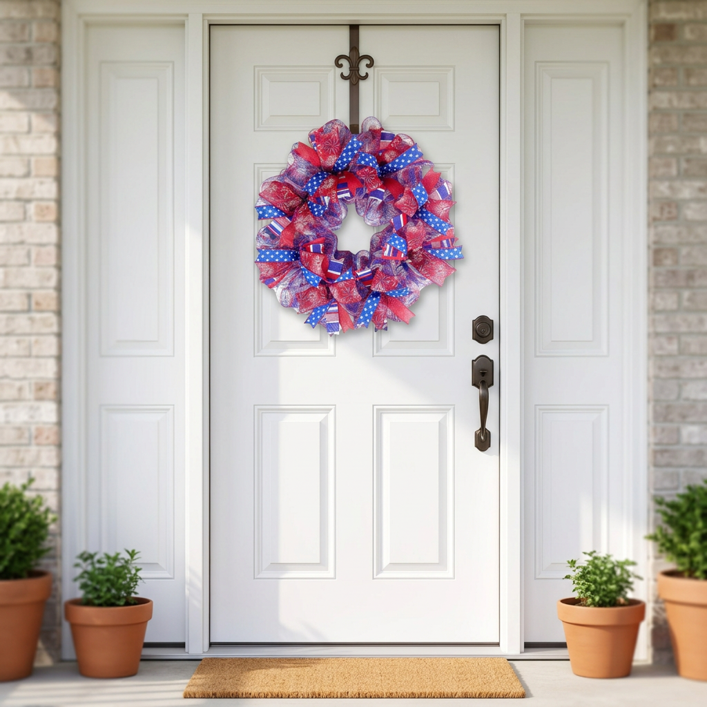 Patriotic ribbon wreath for front door in red, white and blue