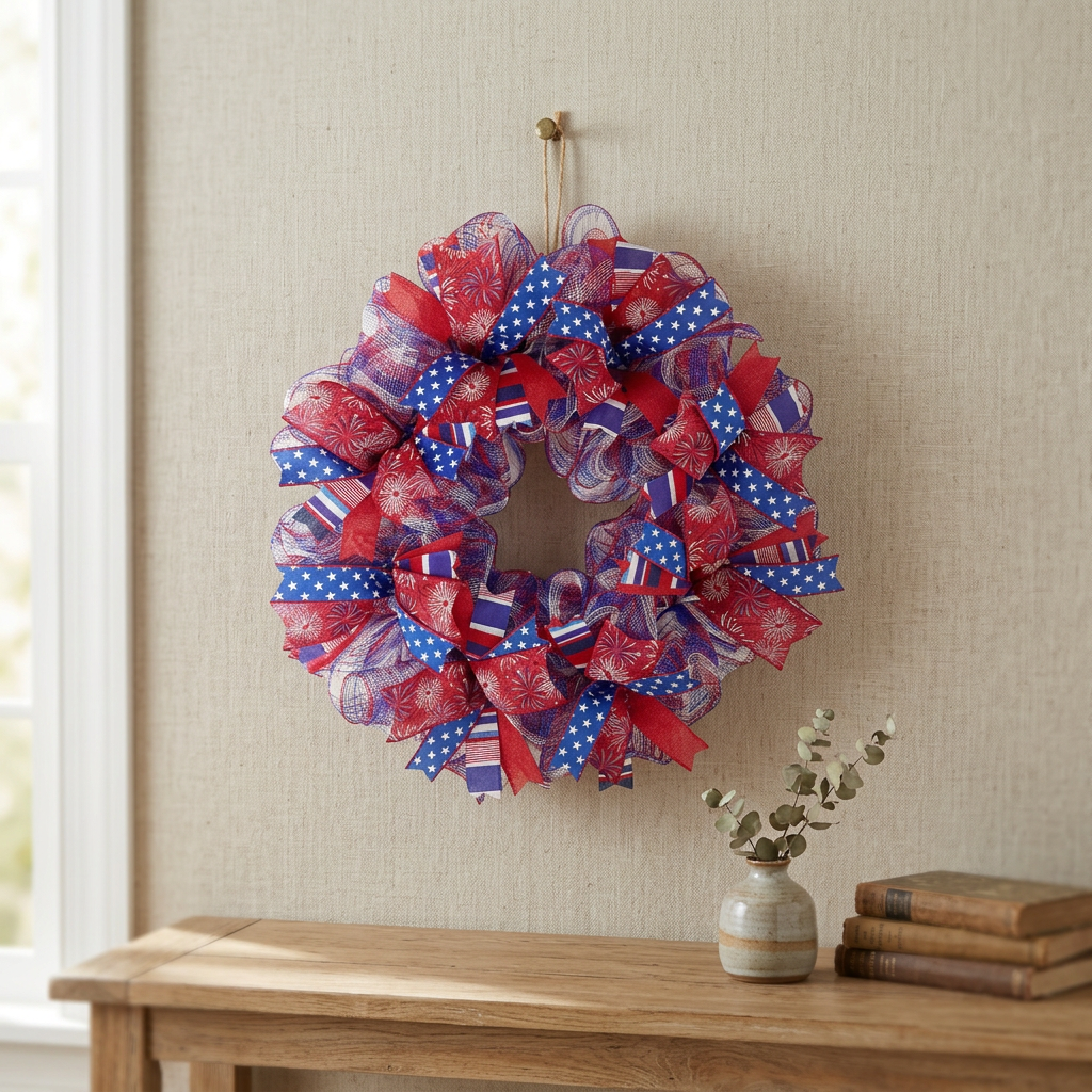 Full view of handmade patriotic ribbon and deco mesh wreath by Purple Sunrise Designs