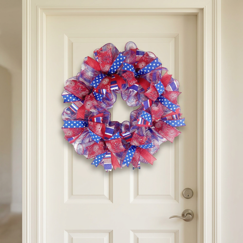 24-inch handmade patriotic ribbon wreath in red, white and blue on a white front door