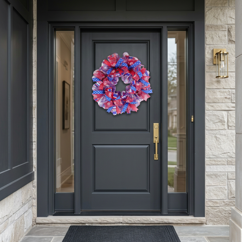 24" Handmade Patriotic Wreath – Red, White & Blue Front Door Decor