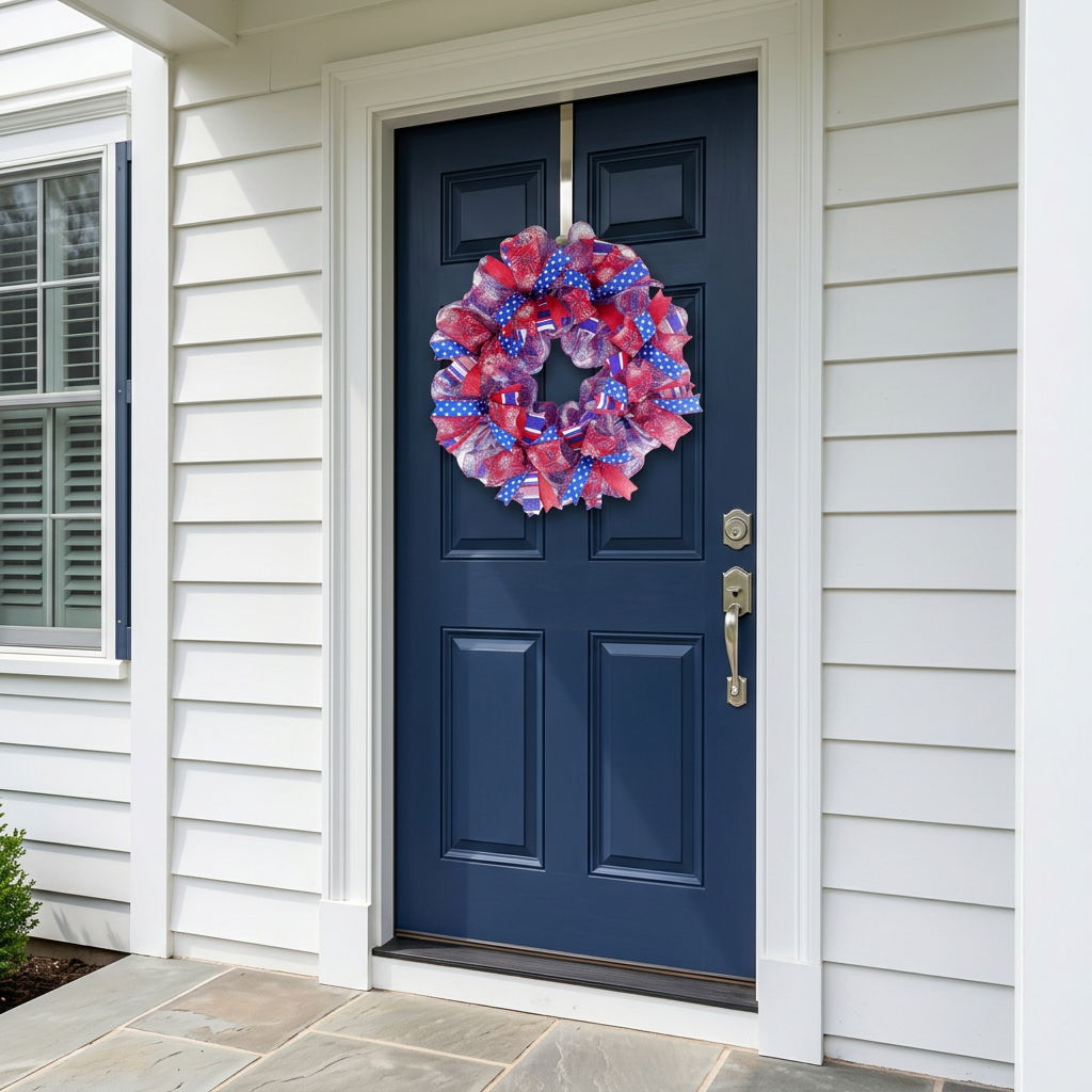 24-inch patriotic ribbon wreath hanging on a blue front door