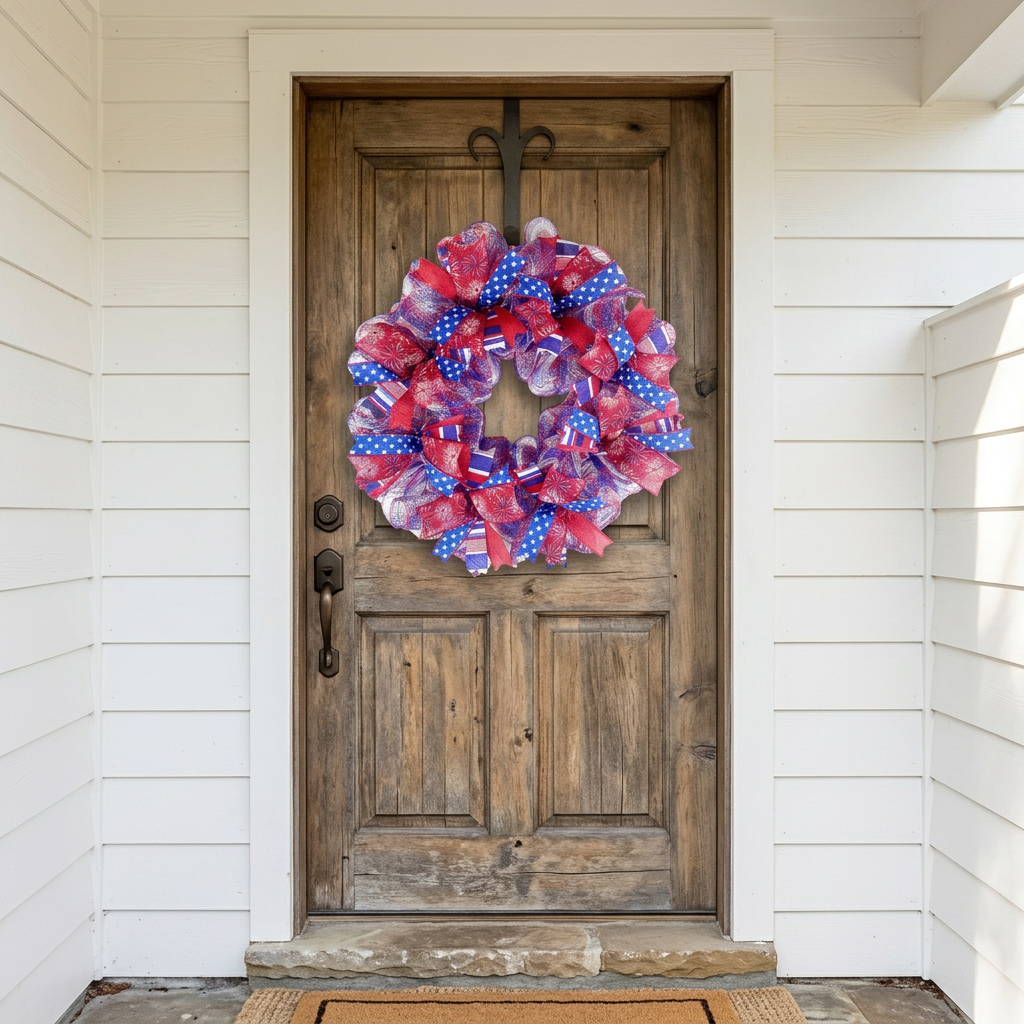 24-inch patriotic ribbon wreath hanging on a wood front door