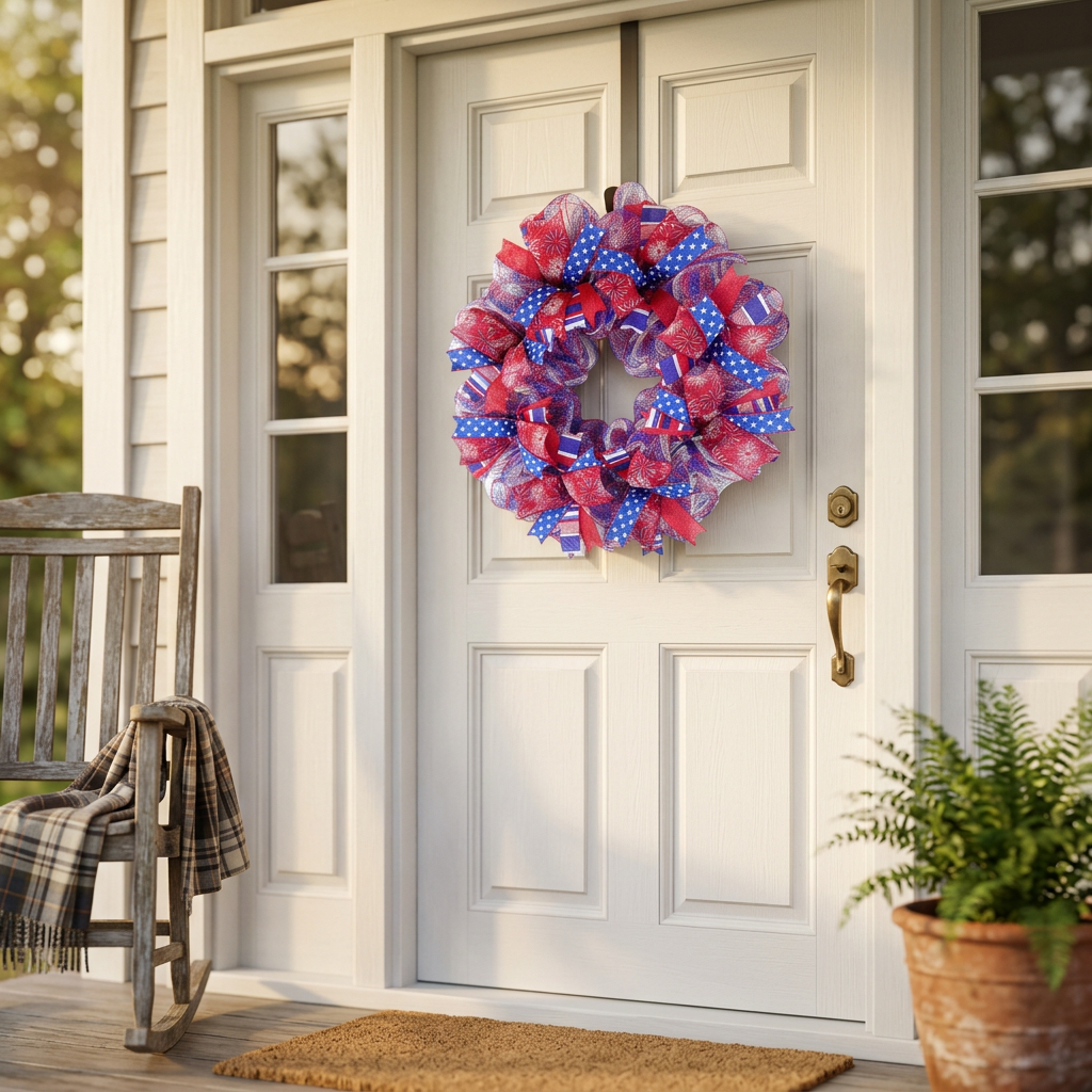 Handmade patriotic ribbon and deco mesh wreath displayed on a wooden door
