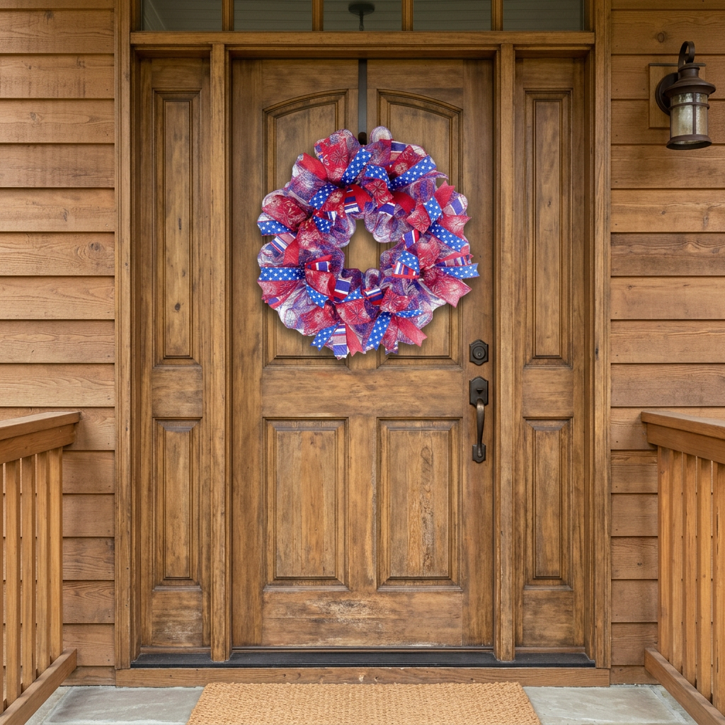 24" Handmade Patriotic Wreath – Red, White & Blue Front Door Decor