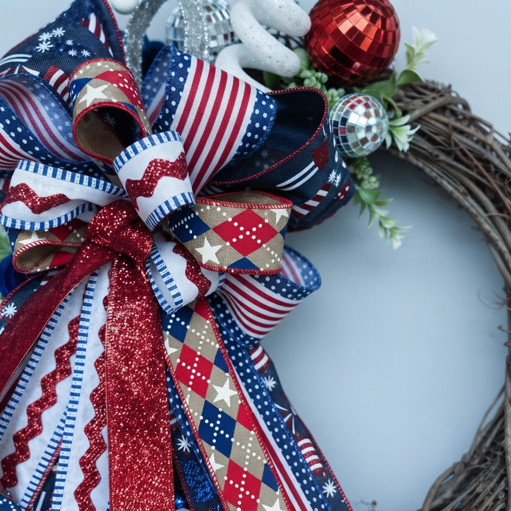 Red, white and blue patriotic grapevine wreath with designer bow