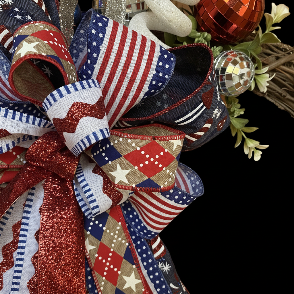 Close-up of designer patriotic bow with red, white and blue wired ribbon