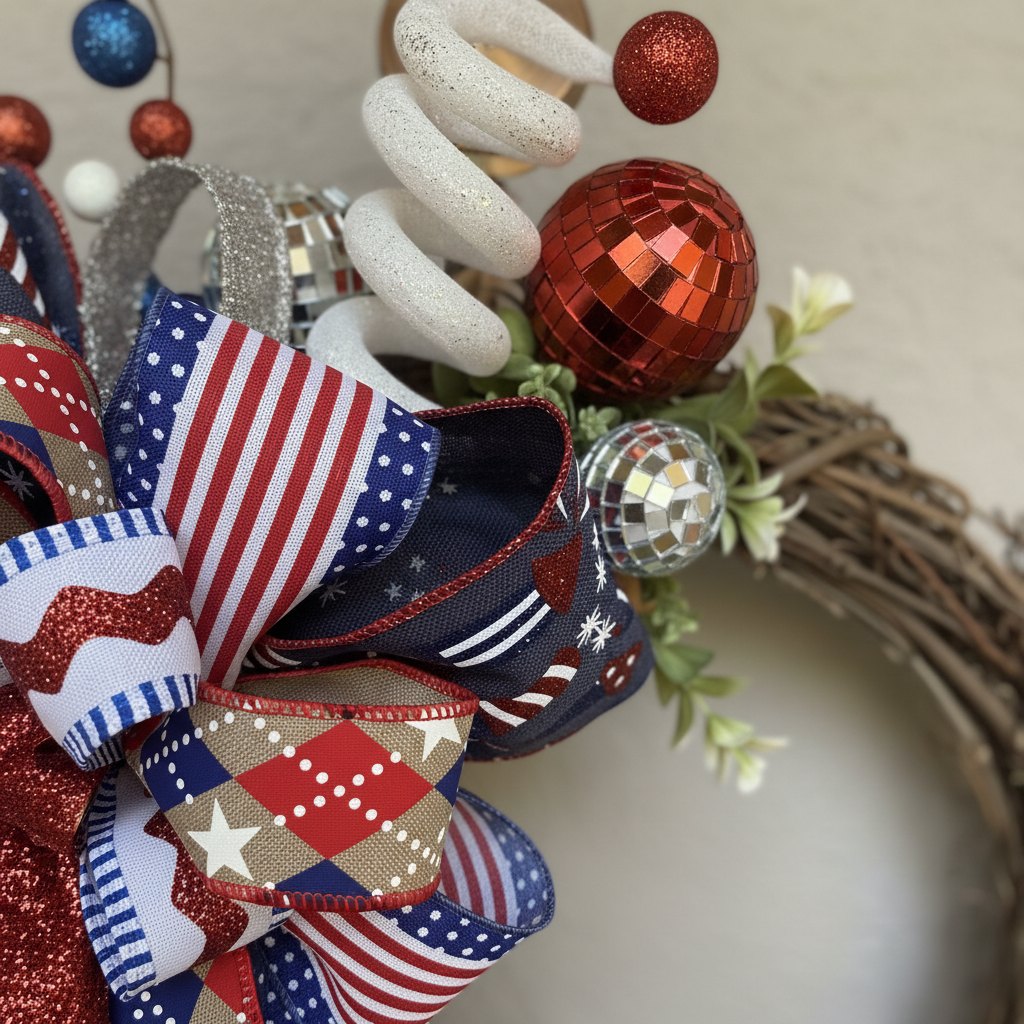 Patriotic wreath with glitter ornaments and Americana accents with disco balls