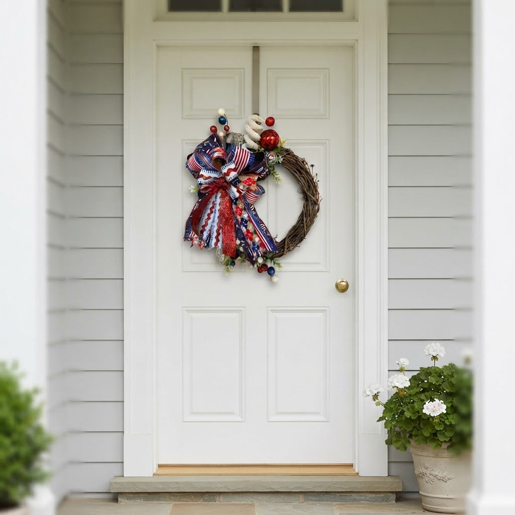 Patriotic front door wreath with red, white and blue designer bow
