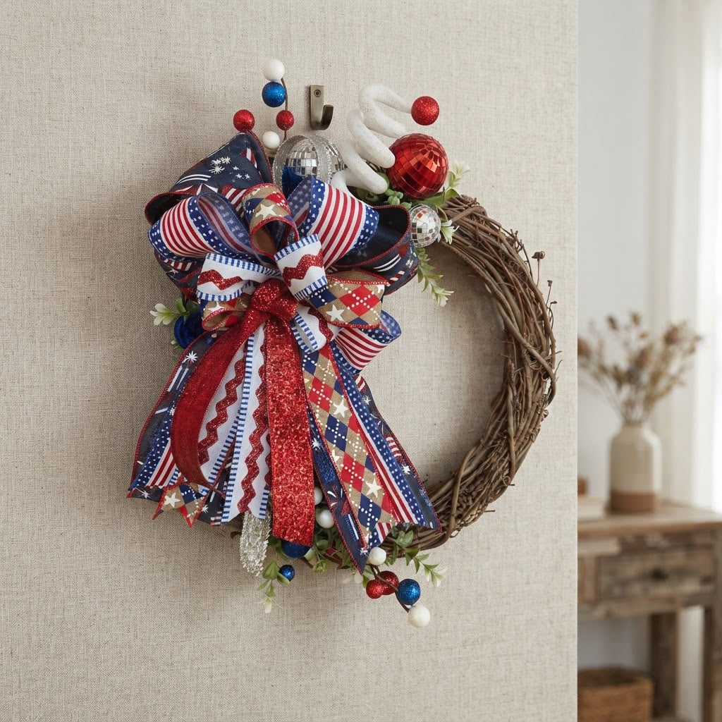 Side view of handmade patriotic grapevine wreath
