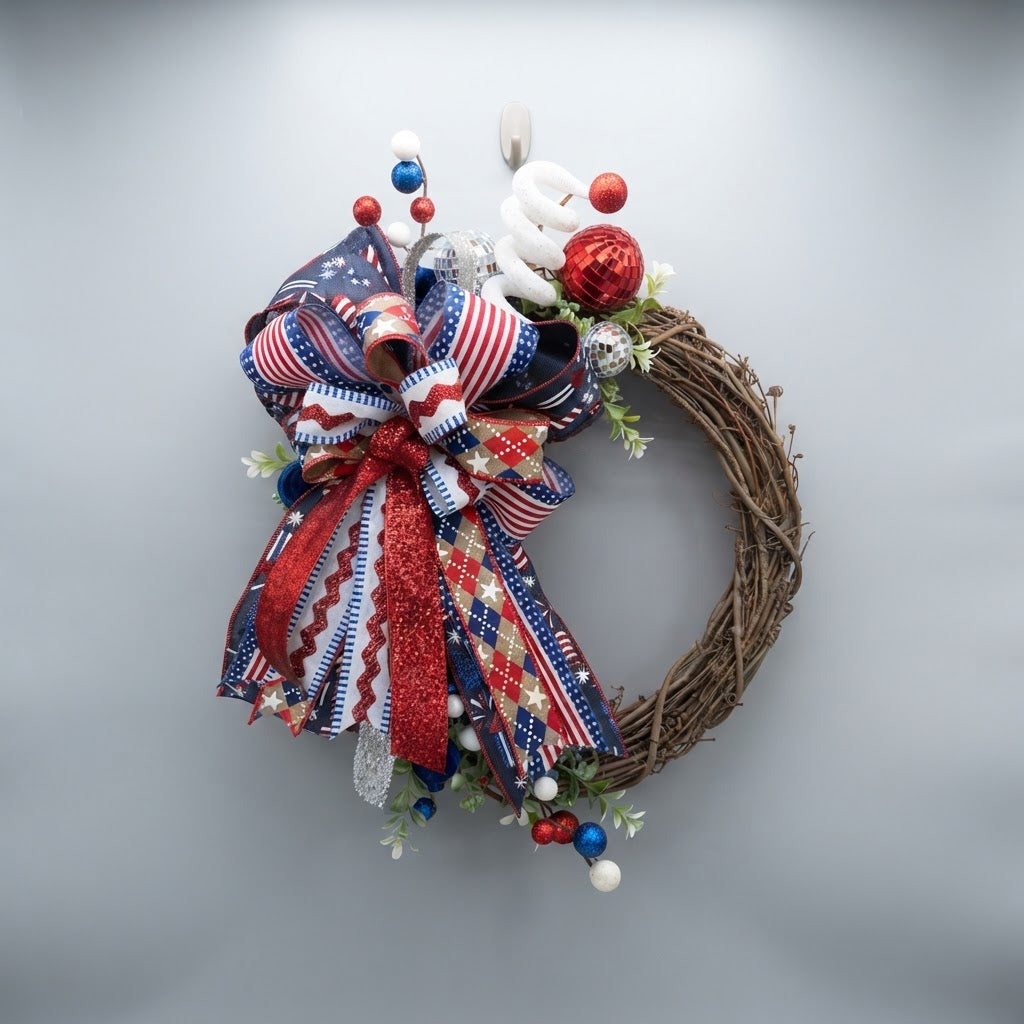 Red, white and blue Americana grapevine wreath for front door