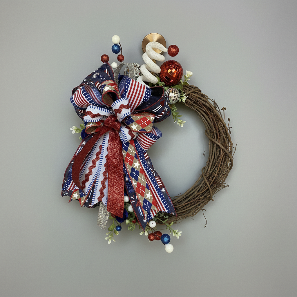 Patriotic front door wreath with red, white and blue designer bow