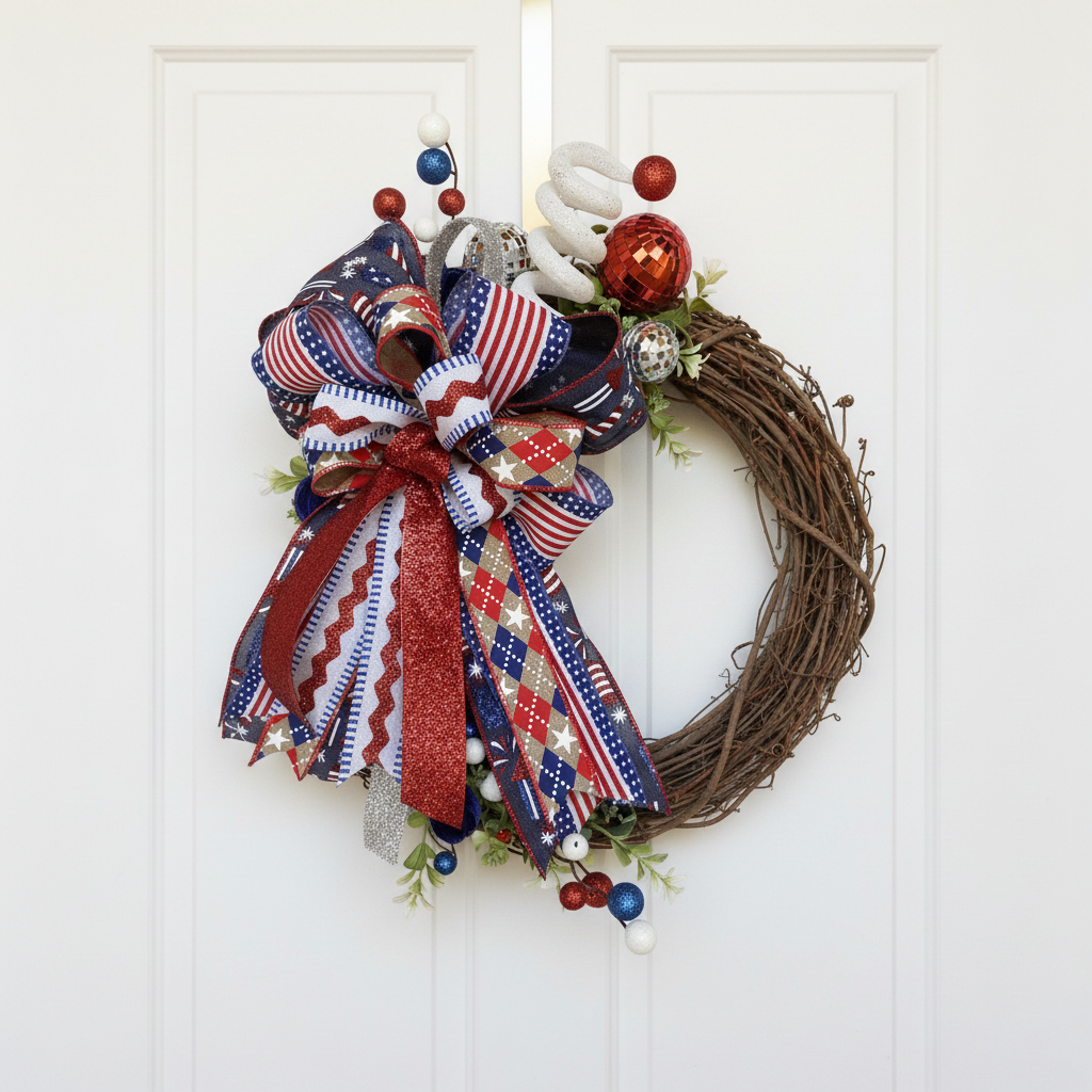 Handmade patriotic grapevine wreath with red, white and blue ribbon on a white front door