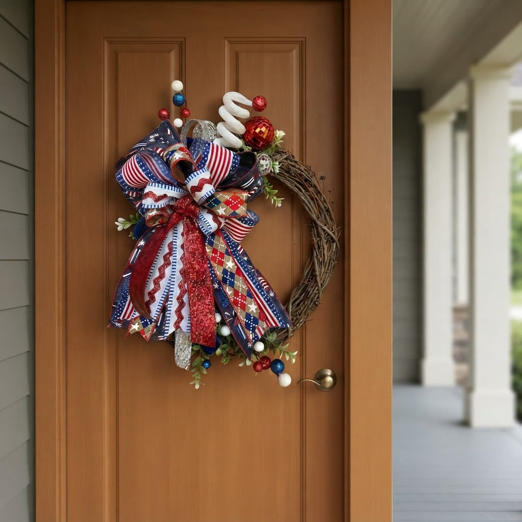 Handmade patriotic wreath displayed on a wood front door