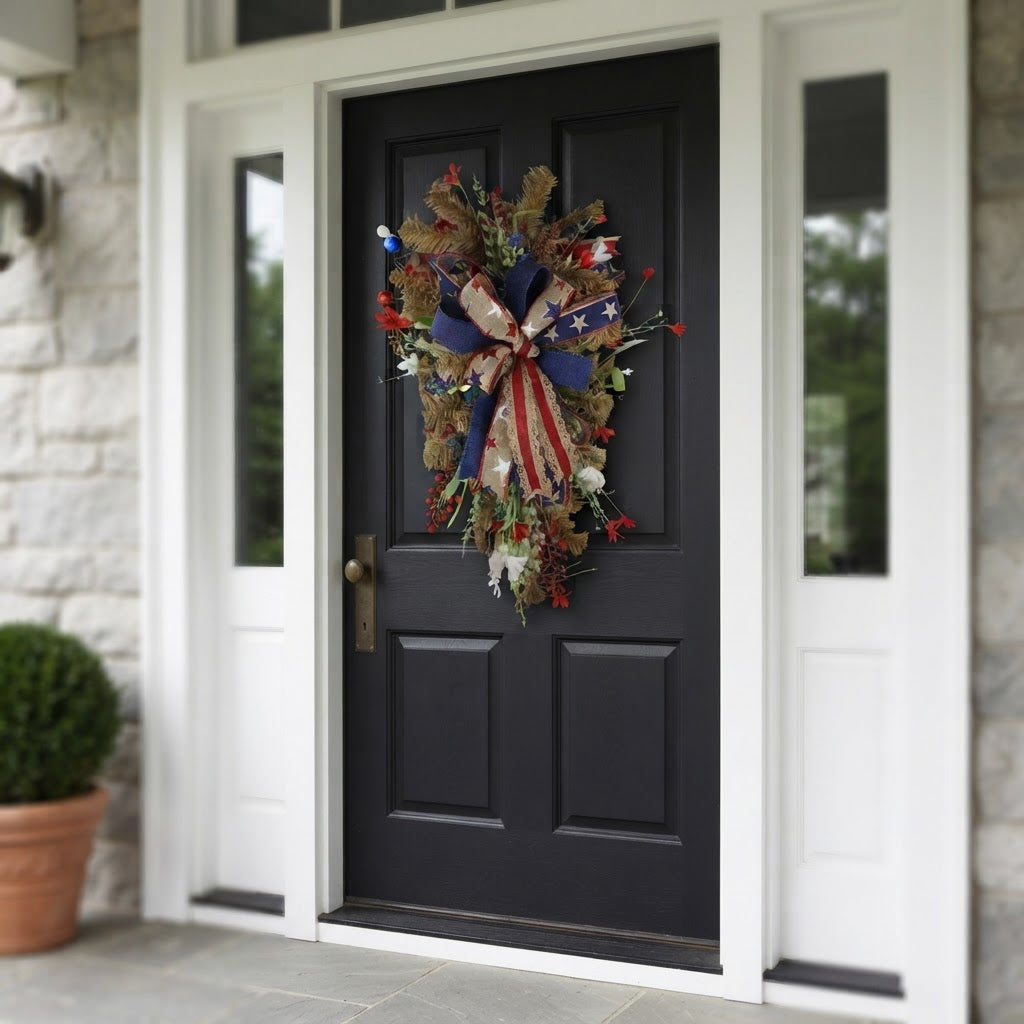 Rustic Americana door swag on black farmhouse front door