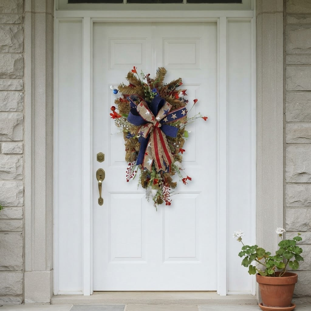 Patriotic teardrop swag displayed on a white front entry door with stone exterior