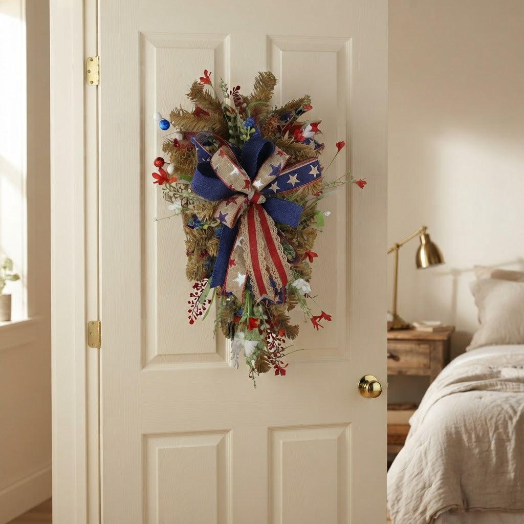 Rustic patriotic swag decorating an interior door