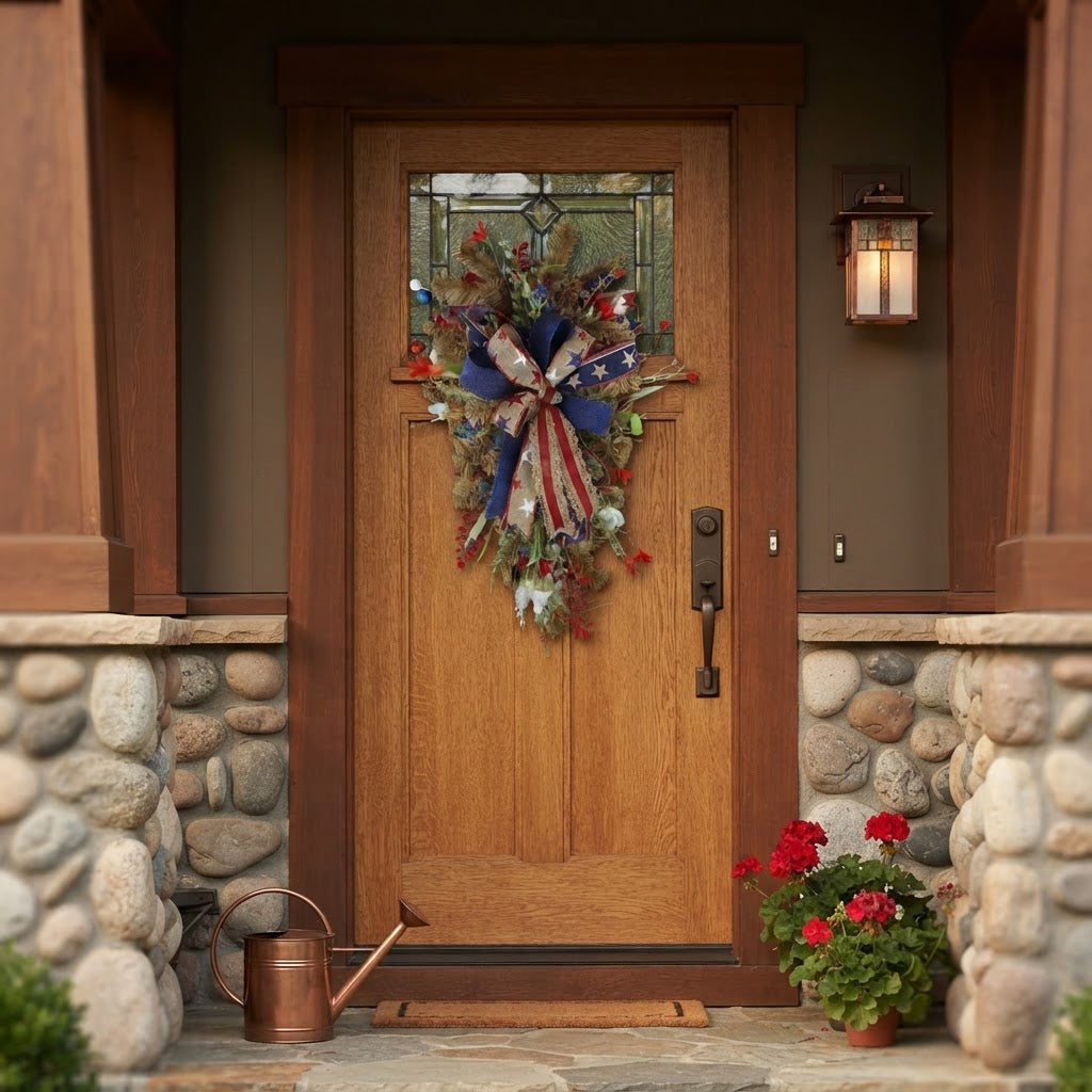 Patriotic teardrop door swag on natural wood craftsman front door