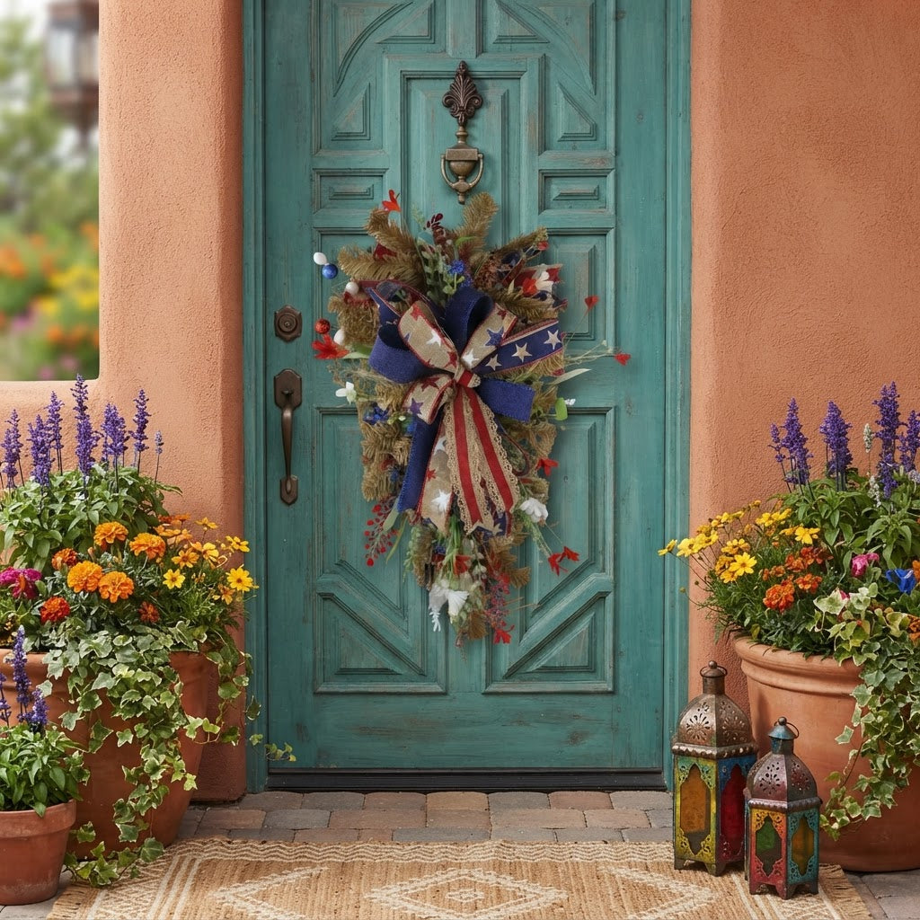 Americana patriotic door swag displayed on a teal front door