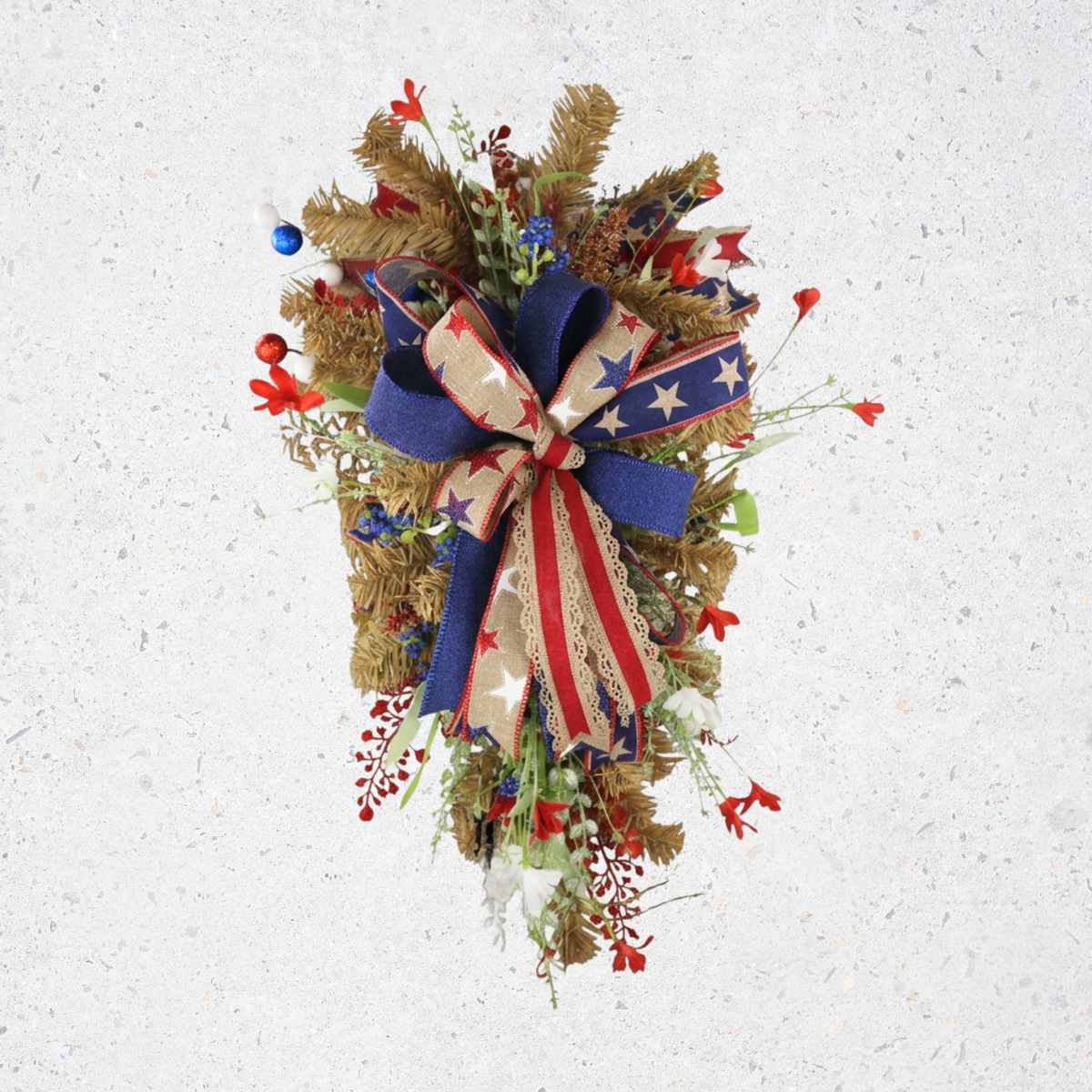 Handmade rustic patriotic teardrop door swag with designer bow by Purple Sunrise Designs