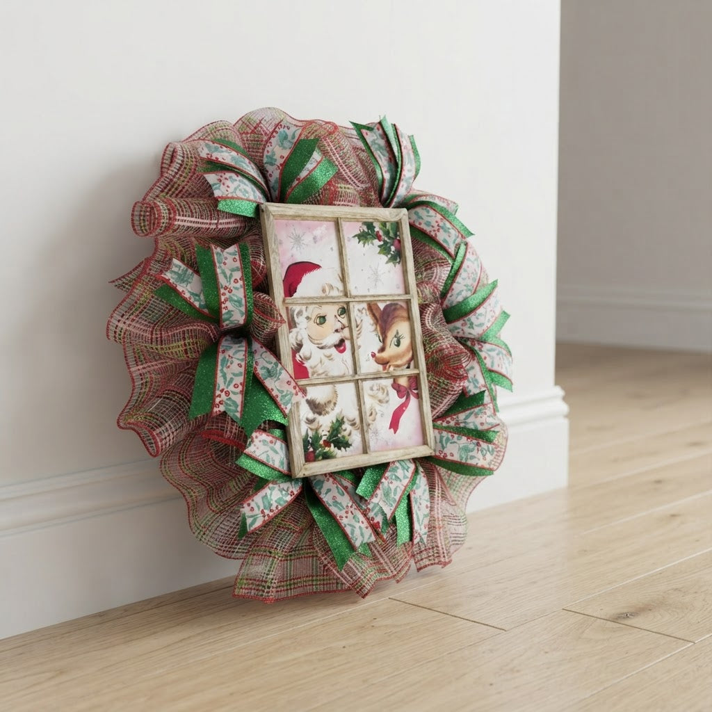 Angled view of Santa and reindeer Christmas wreath showing layered mesh and ribbon