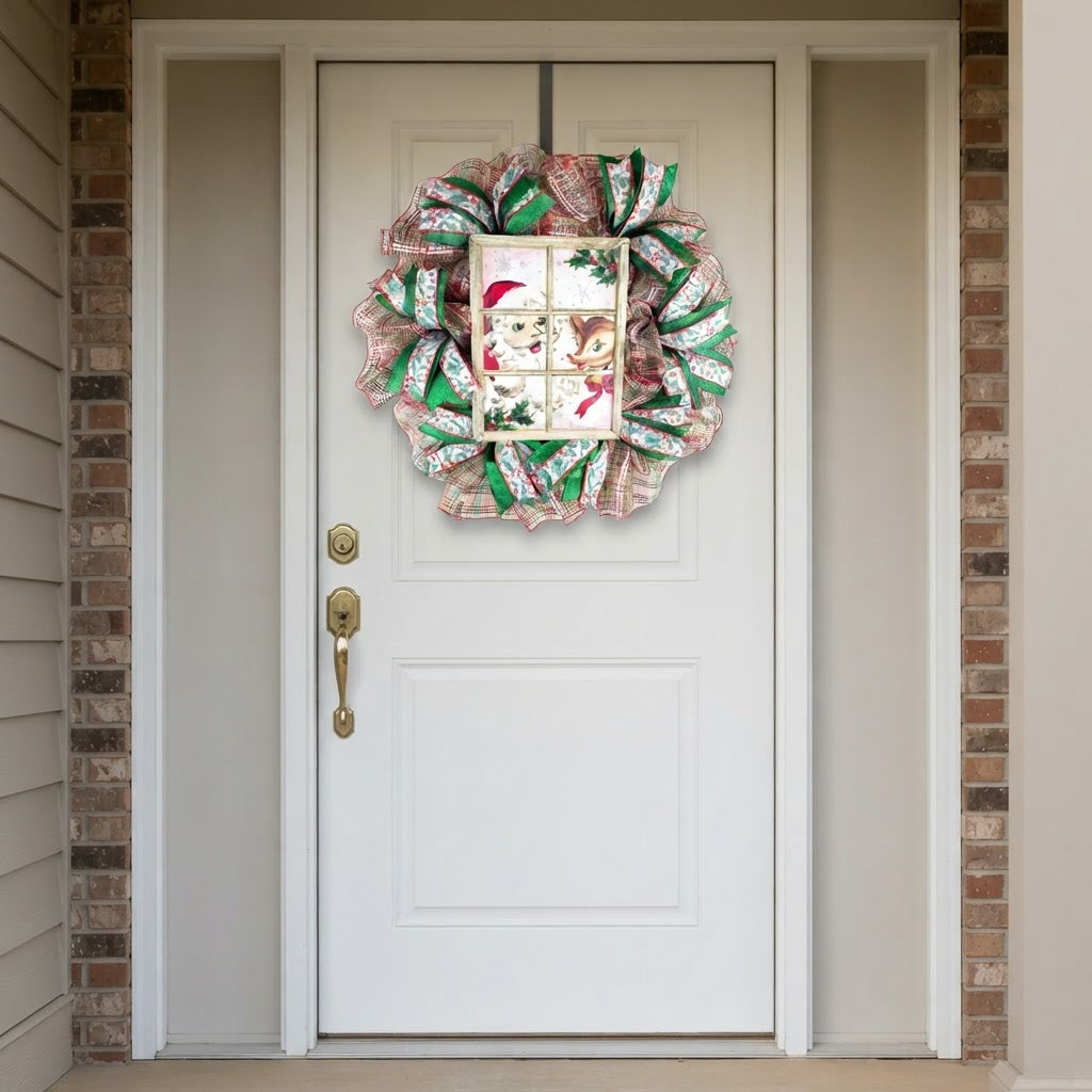 Santa and reindeer Christmas wreath displayed on white front door