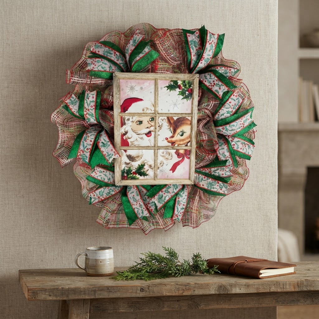 Vintage Santa and reindeer wreath displayed as indoor Christmas decor
